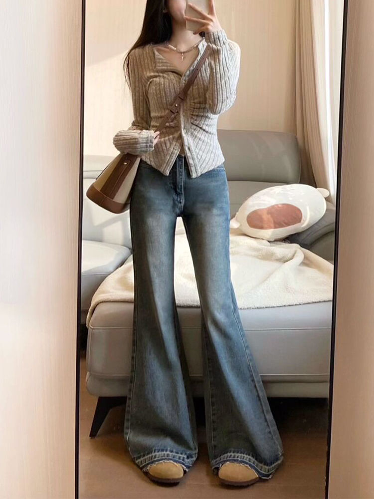 美式辣妹低腰微喇叭牛仔褲女秋季新款設計感寬鬆顯瘦直筒拖地褲子