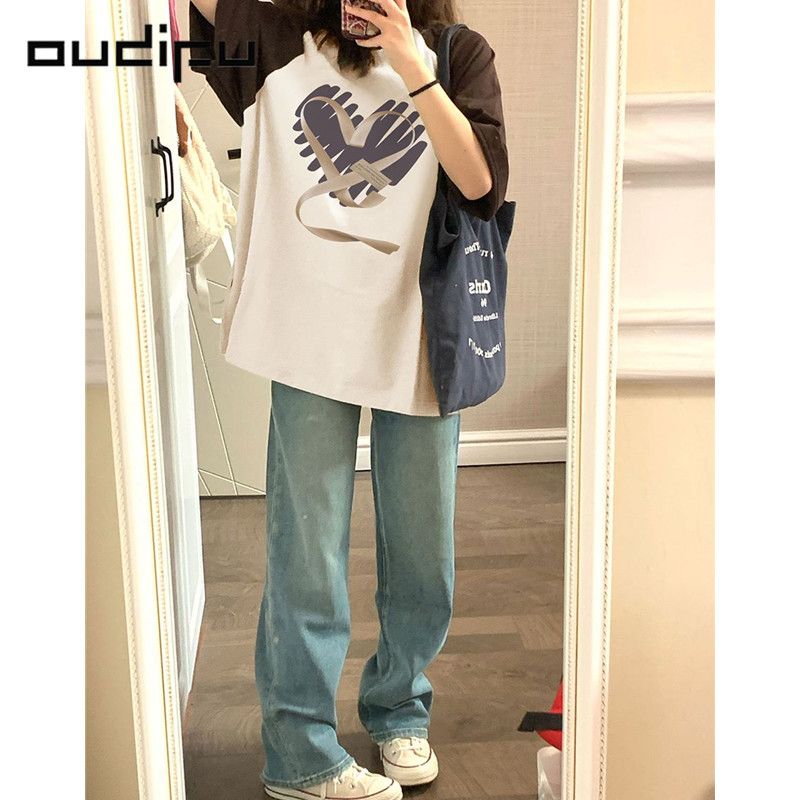OUDIFU100%純棉美式復古插肩短袖多巴胺t恤女夏季新款寬鬆上衣潮