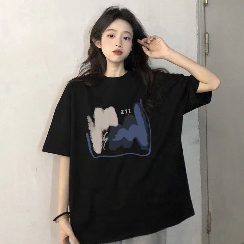 港味復古chic黑色短袖t恤女款夏季寬鬆oversize純棉半袖情侶體恤