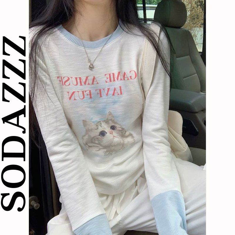 甜辣妹貓咪T恤女設計感小眾秋季短款獨特别致絕美長袖打底衫上衣