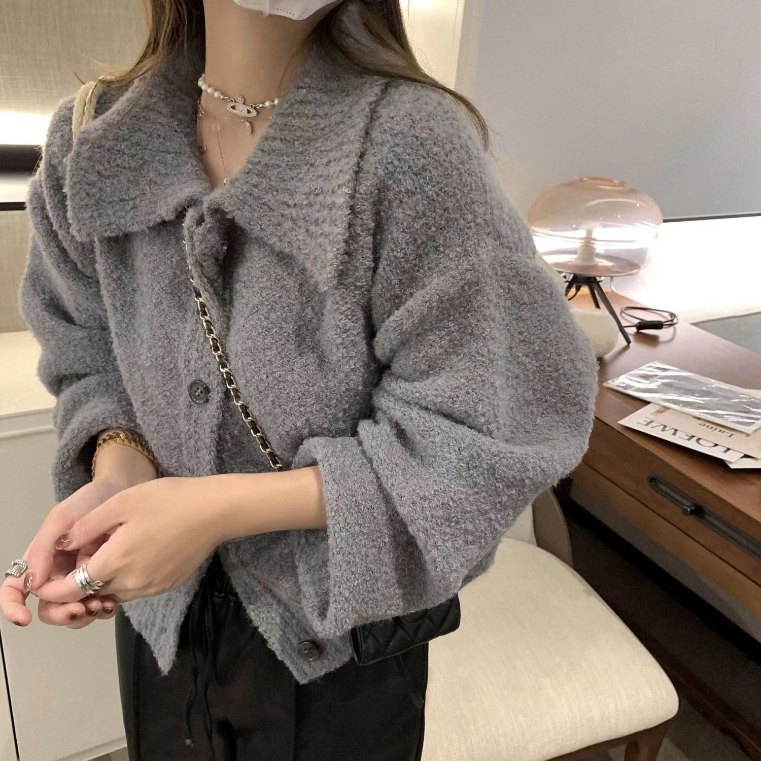 毛茸茸翻領毛衣女秋冬季軟糯親膚溫柔開衫寬鬆百搭拼接針織衫上衣
