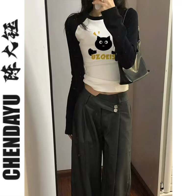 Sweet cool long-sleeved T-shirt for women with slimming temperament 2023 new tight-fitting short shirt color matching simple style versatile trend