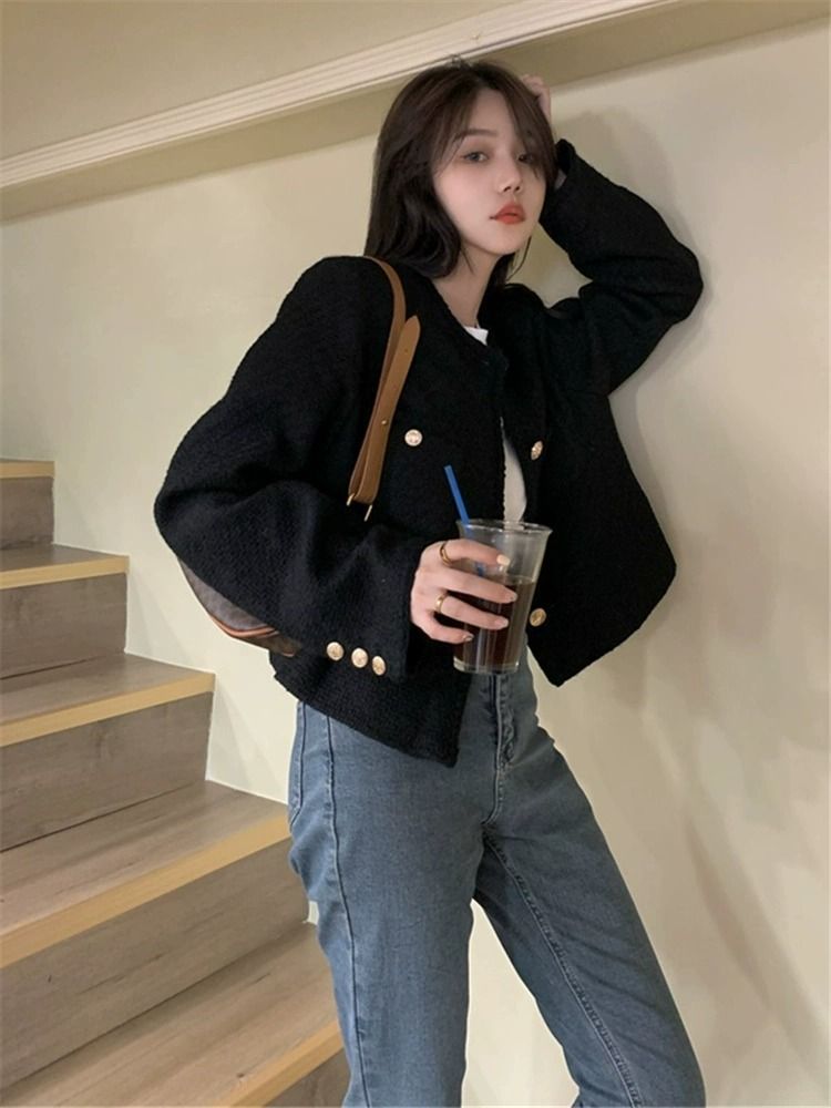 Xiaoxiangfeng black short coat for women 2023 autumn new style high-end celebrity temperament niche chic long-sleeved top