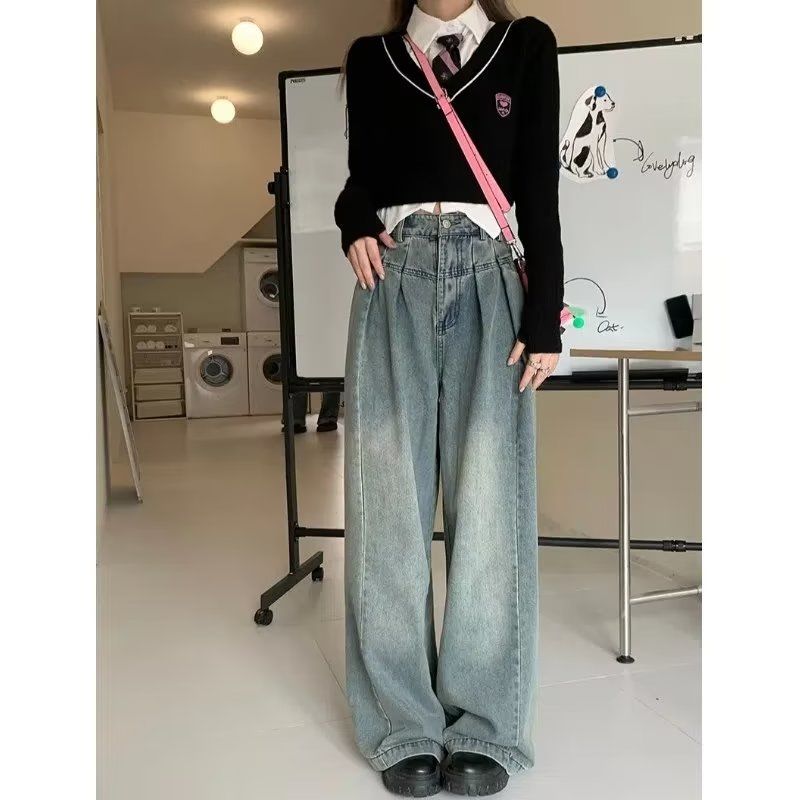 美式高腰牛仔褲女春秋2023新款大碼胖mm顯瘦寬鬆垂感闊腿拖地長褲