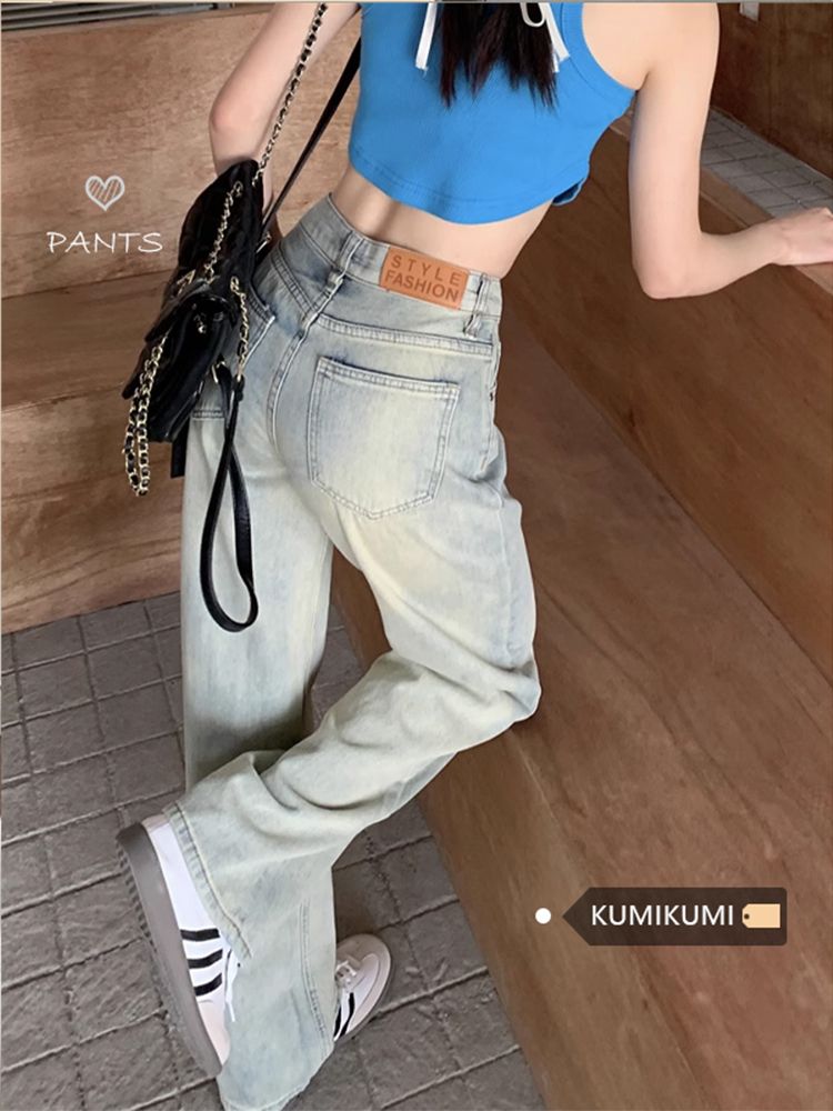 美式復古黃泥色牛仔褲女2023秋季新款高腰寬鬆顯瘦直筒闊腿長褲潮