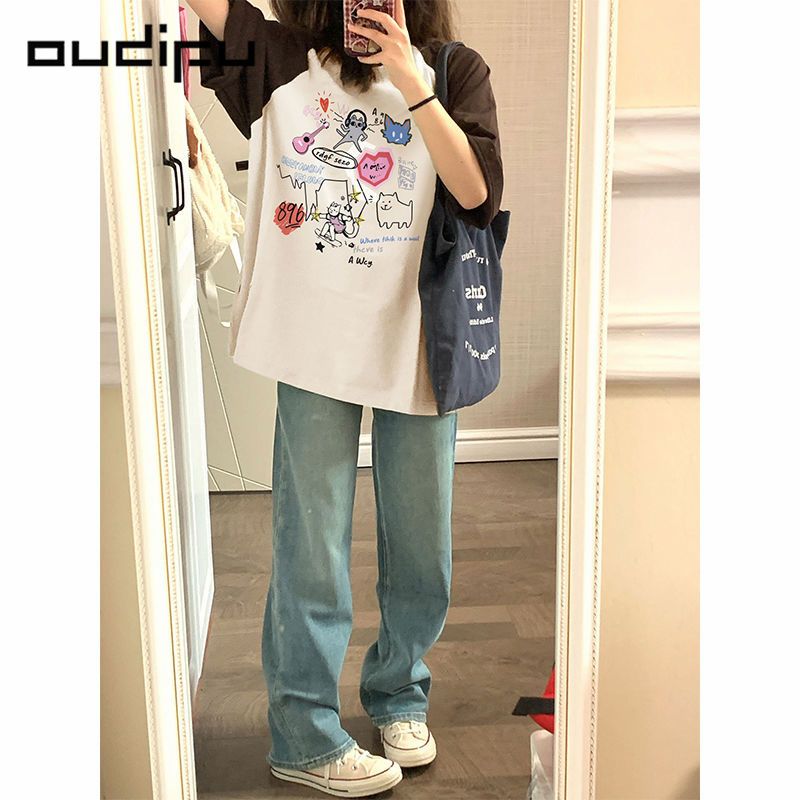 OUDIFU100%純棉美式高街插肩短袖t恤女夏季新款設計感小眾上衣潮