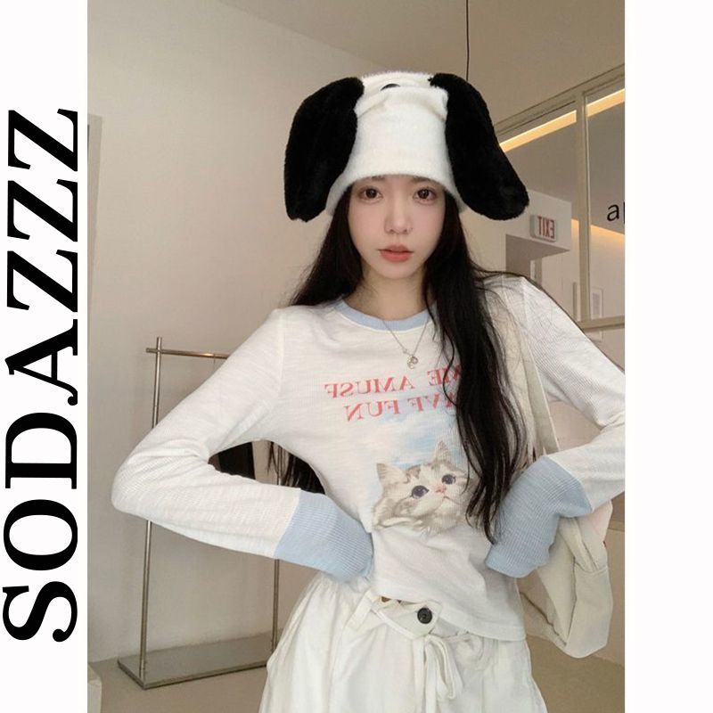 甜美減齡貓咪印花長袖T恤女裝秋季設計感短款修身顯瘦打底衫上衣