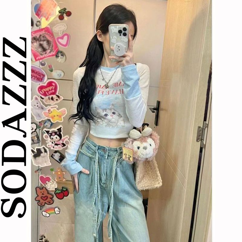 美式復古正肩長袖t恤女秋季設計感小眾撞色修身顯瘦辣妹短款上衣