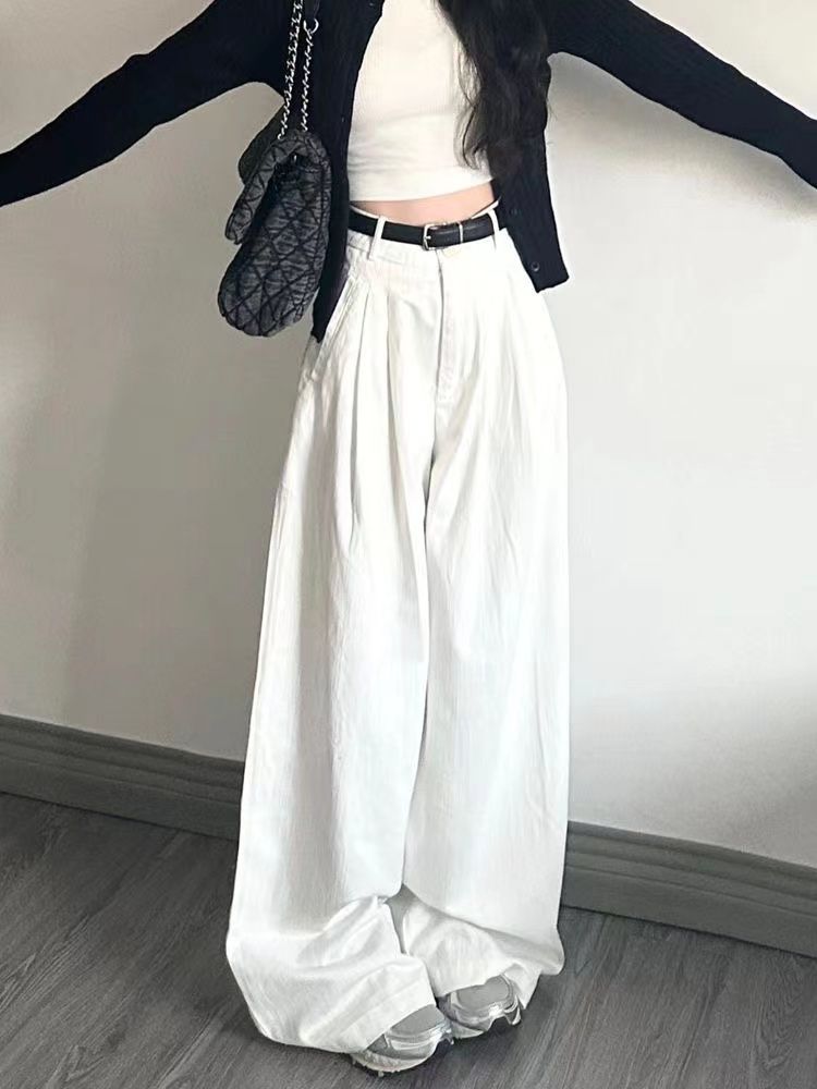 美式高街白色高腰闊腿牛仔褲女春秋新款寬鬆百搭顯瘦垂感直筒長褲