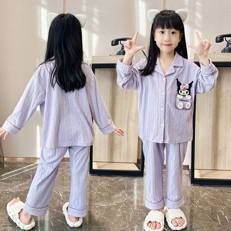 Pure cotton children's pajamas girls spring and autumn thin long-sleeved cardigan set for older children cute cartoon home clothes