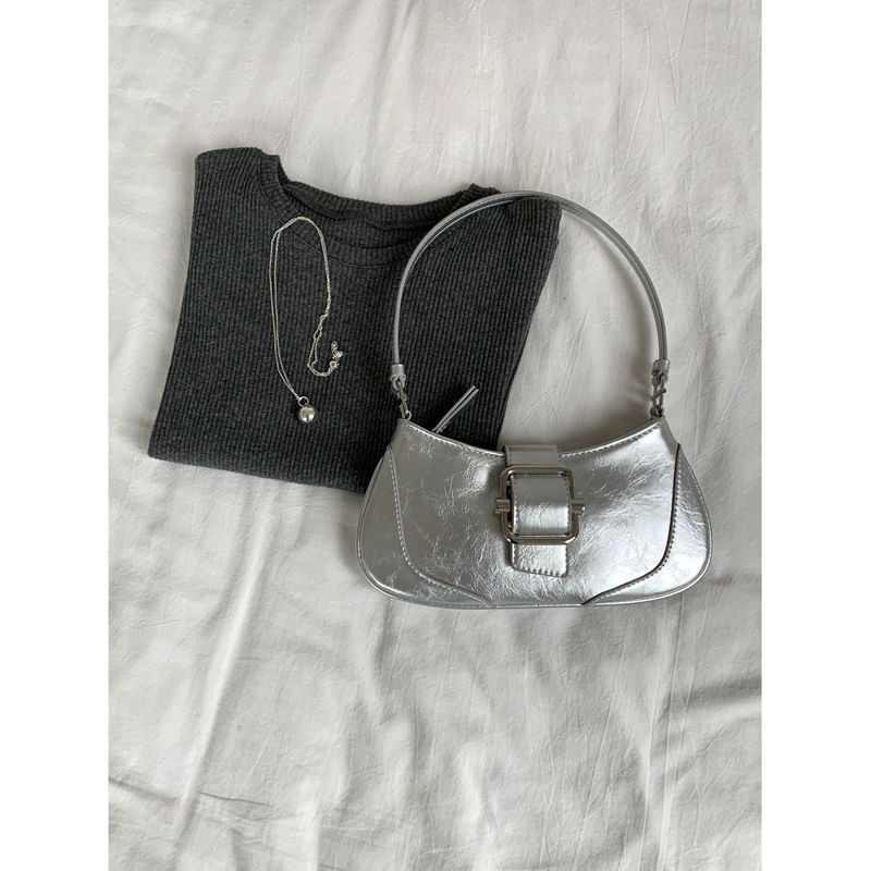 Korean ins niche women's bag new fashion silver oil wax leather portable baguette hot girl shoulder armpit bag