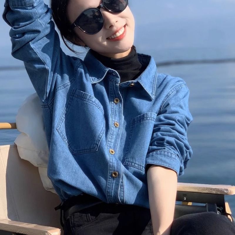 港風復古牛仔襯衫外套秋冬女裝小個子韓版寬鬆襯衣疊穿內搭上衣潮