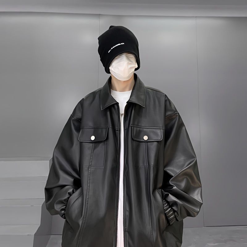 韩版黑色皮衣外套男女2023新款小个子港风复古甜酷风pu皮翻领夹克