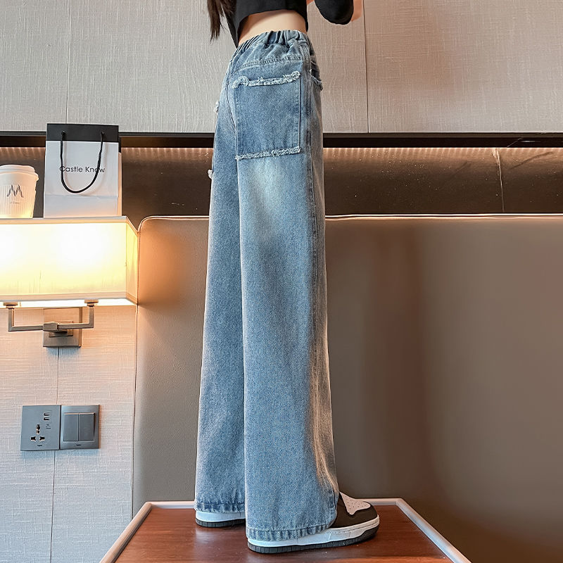女童褲子春秋2023新款兒童牛仔褲女孩秋季長褲大童秋裝直筒闊腿褲