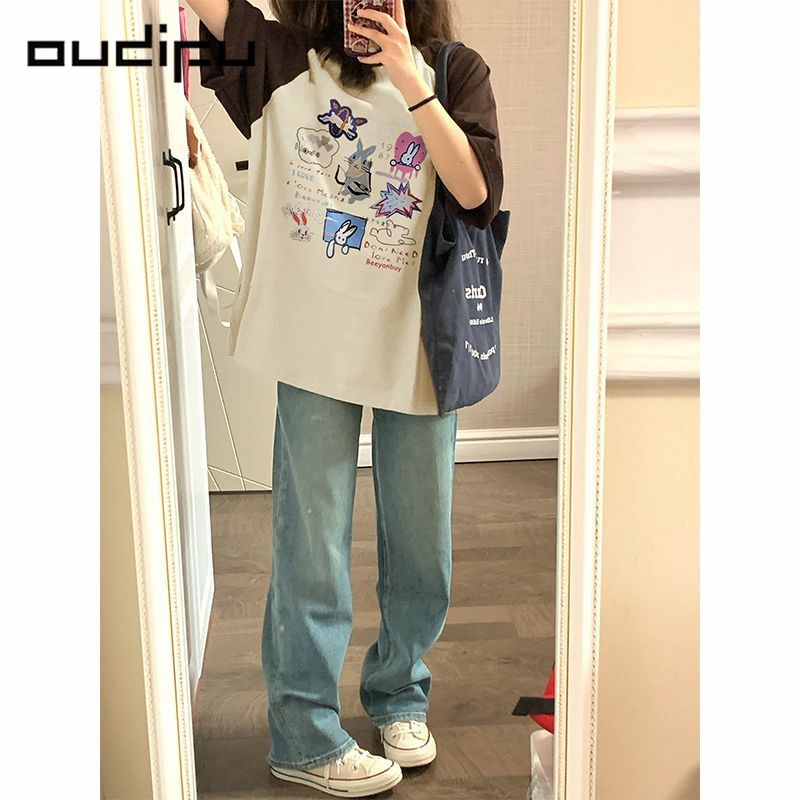 OUDIFU100%純棉高街復古插肩短袖t恤女夏季新款休閒百搭半袖上衣