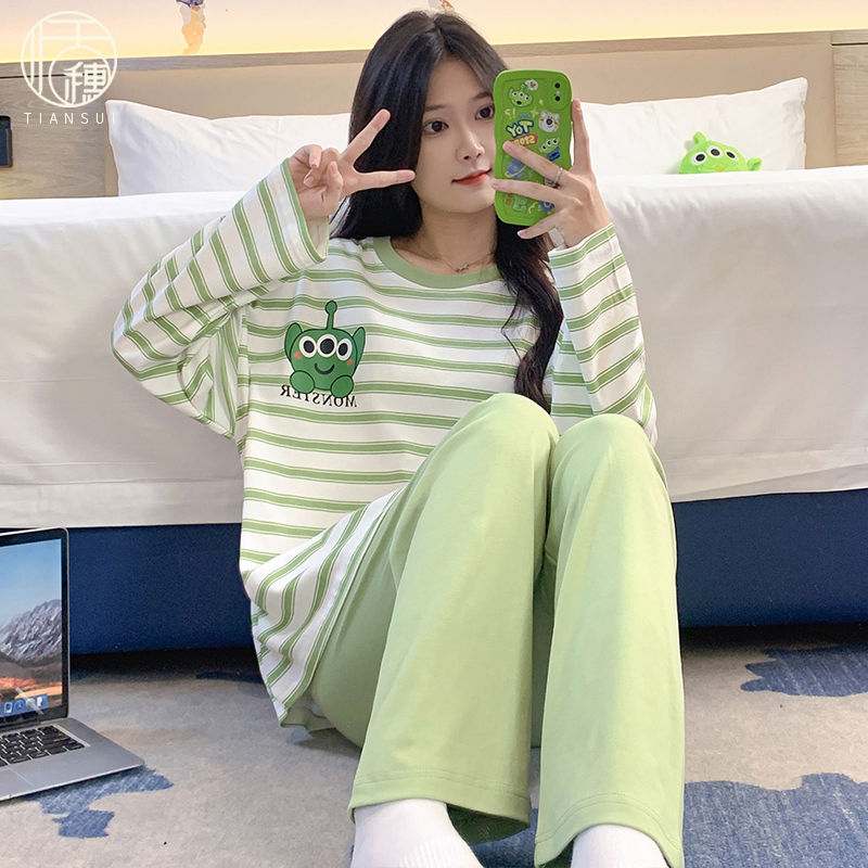 2023年新款睡衣女春秋季圓領長袖甜美條紋卡通網紅風家居服套裝爆