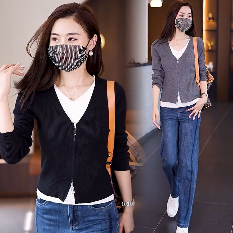 藍海奕諾長袖套頭針織衫女2023新款秋季假兩件修身顯瘦小個子上衣