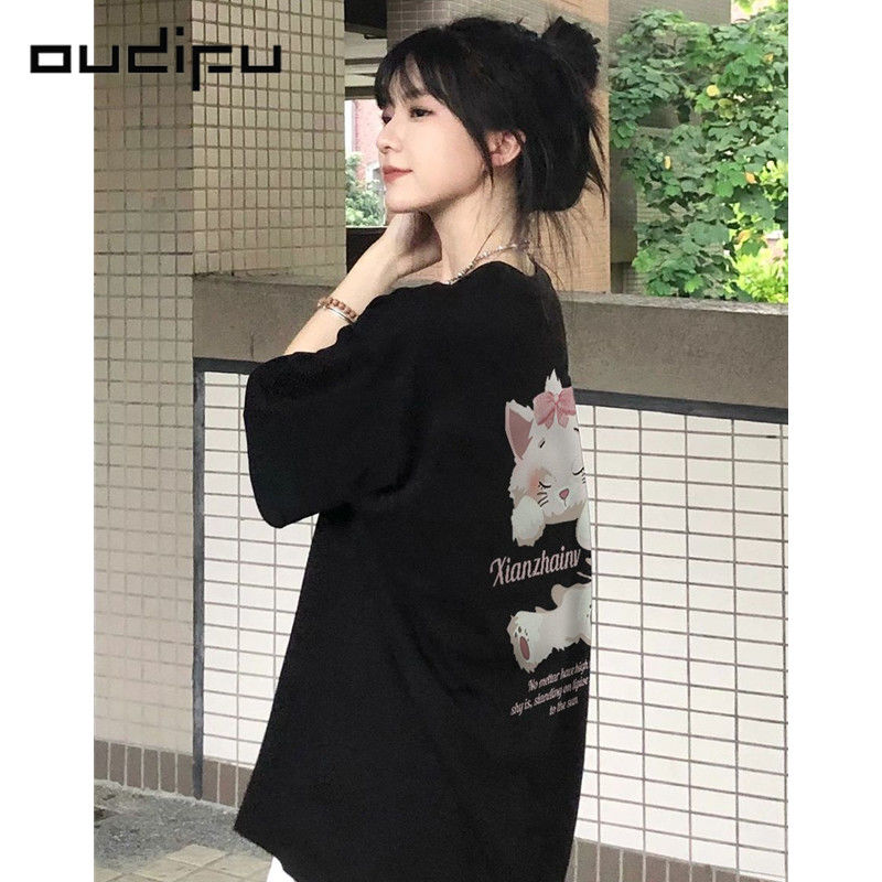 OUDIFU100%美式復古黑色短袖t恤女夏季新款高街設計感半袖上衣潮