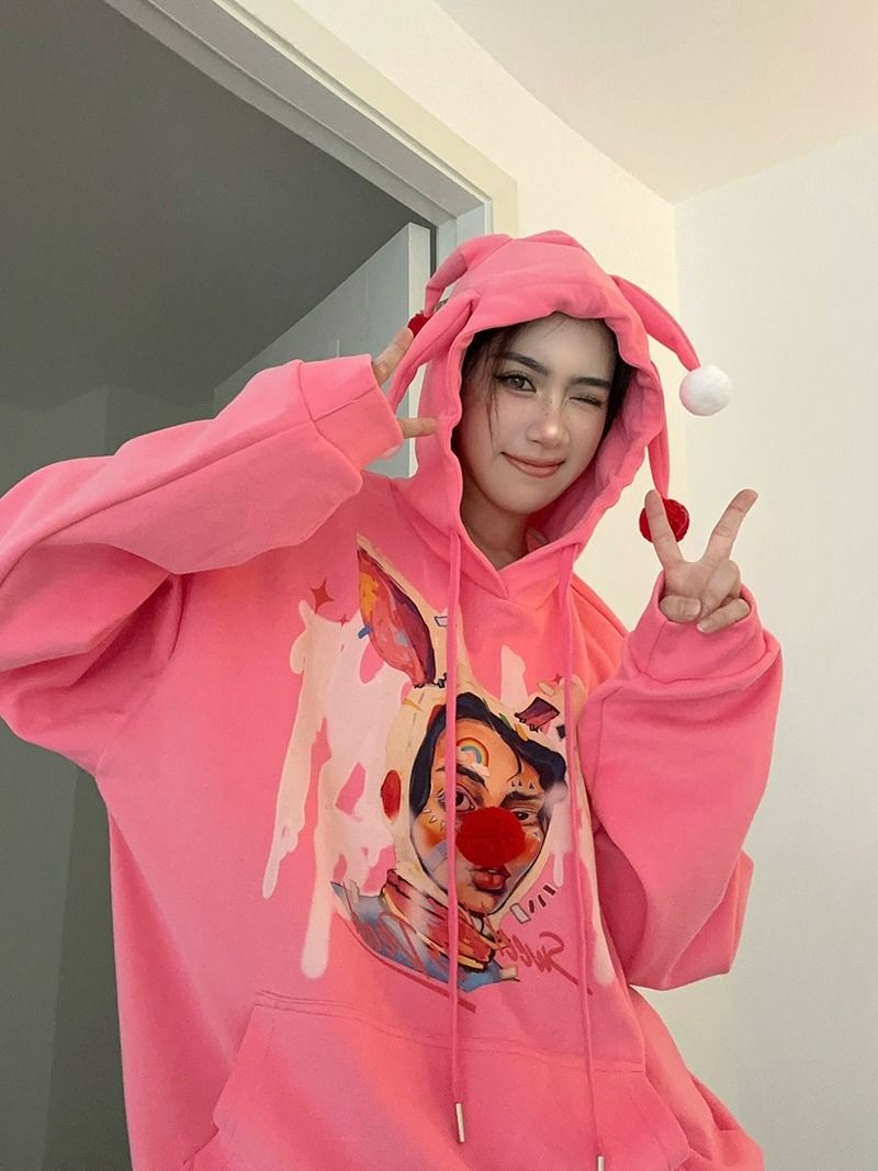 美式趣味搞怪小丑印花連帽衛衣男女秋季街頭潮牌寬鬆情侶外套上衣