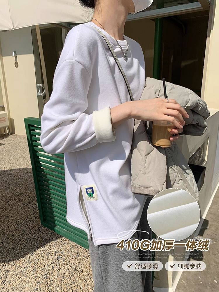 加絨加厚打底衫中長款長袖T恤女秋冬ins潮設計感寬鬆韓版內搭上衣