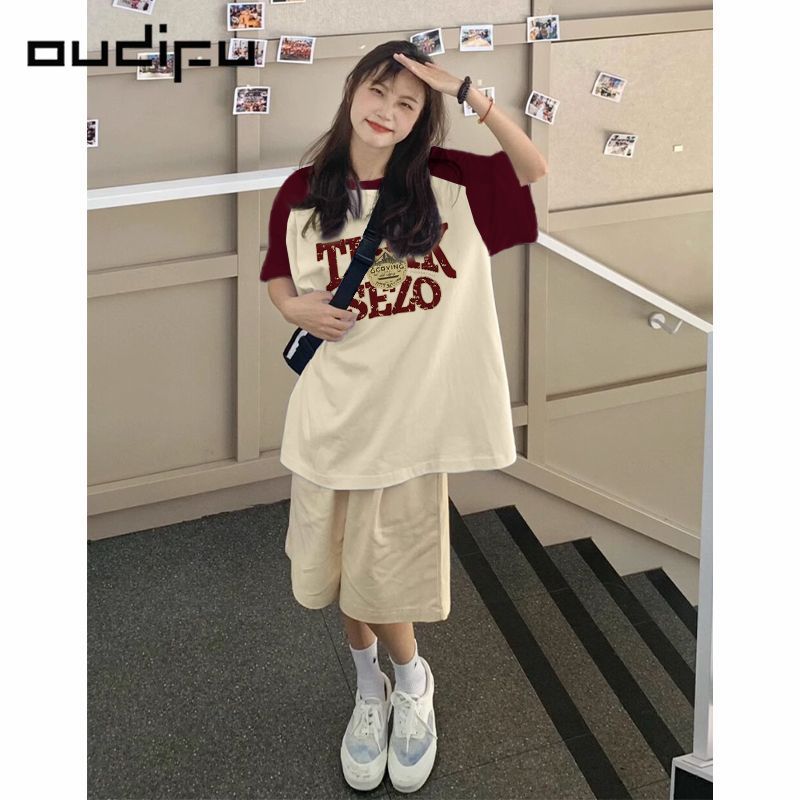 OUDIFU100%純棉美式復古插肩短袖t恤女夏季新款oversize拼接上衣