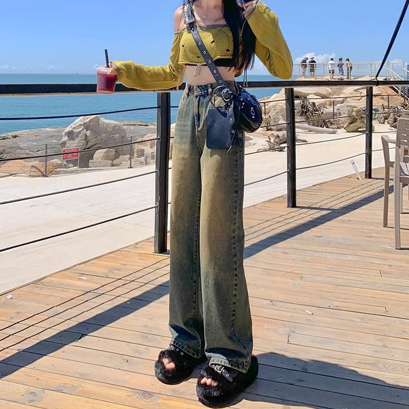 復古水洗做舊闊腿牛仔褲女2023秋季新款設計感寬鬆高腰顯瘦直筒褲