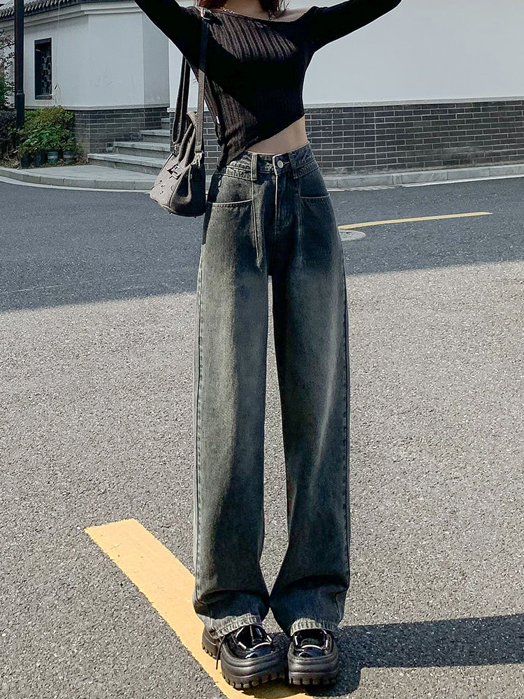YSYOURS闊腿牛仔褲女春秋復古高腰百搭直筒寬鬆顯瘦大碼拖地褲子