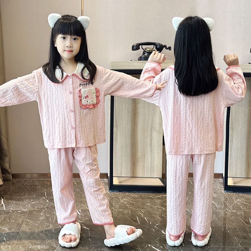 Pure cotton children's pajamas girls spring and autumn thin long-sleeved cardigan set for older children cute cartoon home clothes