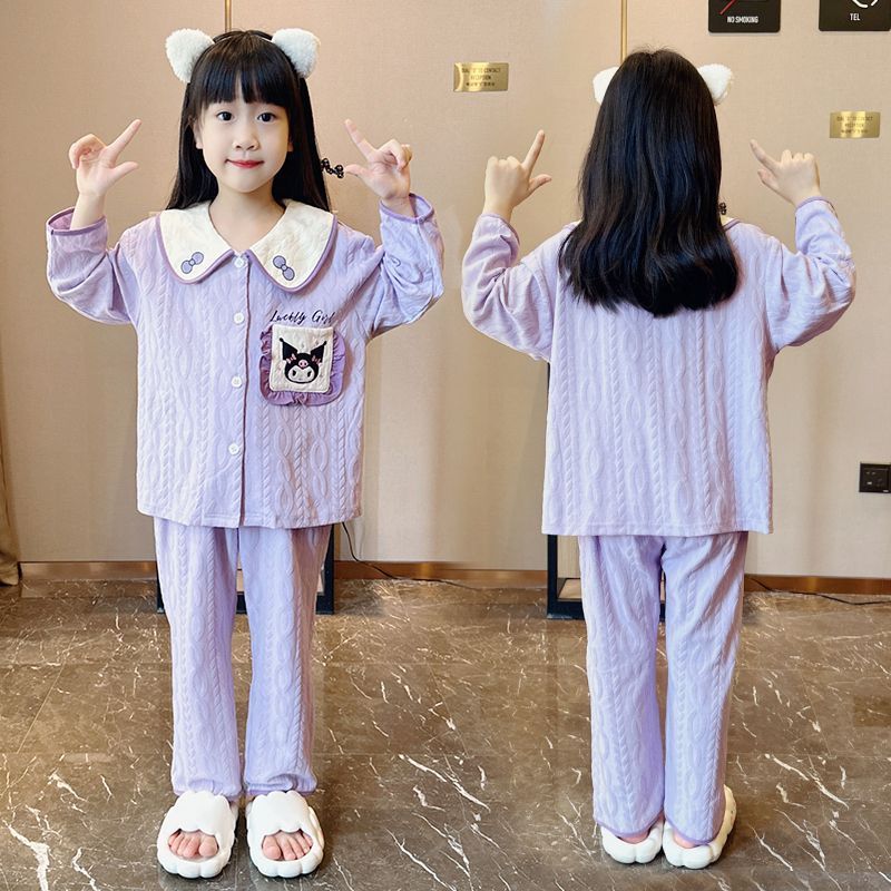 Pure cotton children's pajamas girls spring and autumn thin long-sleeved cardigan set for older children cute cartoon home clothes