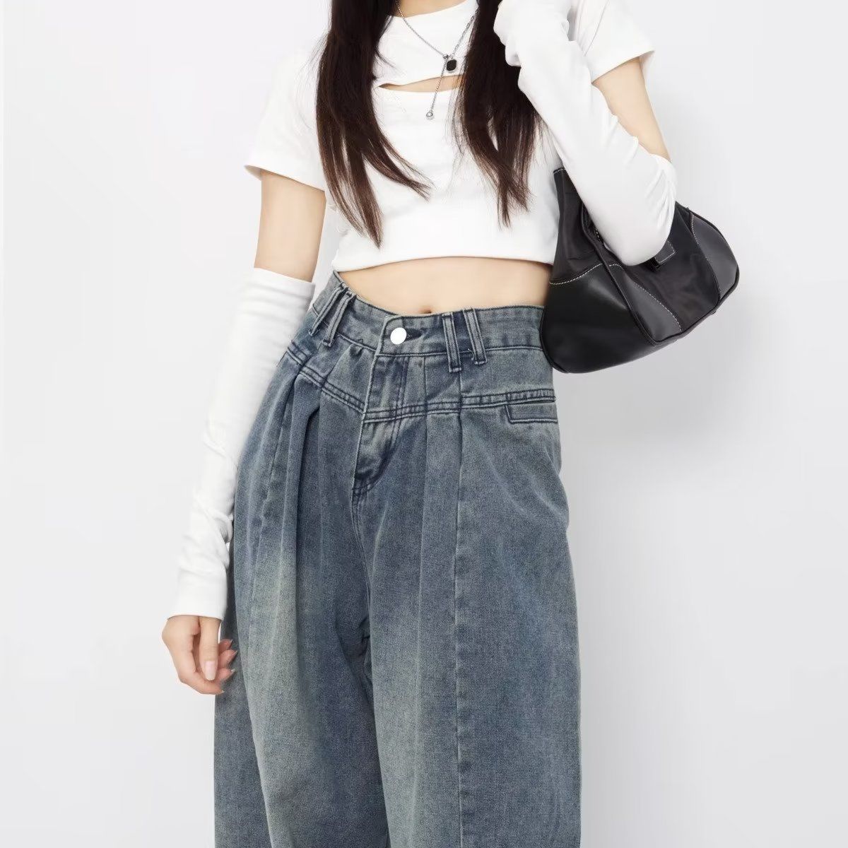 復古高腰牛仔褲女春秋2023新款大碼胖mm寬鬆顯瘦垂感闊腿拖地褲子
