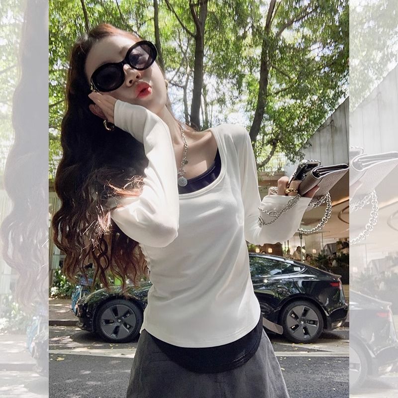 假兩件設計感修身顯瘦百搭上衣2023春秋ins潮打底衫短款長袖T恤女