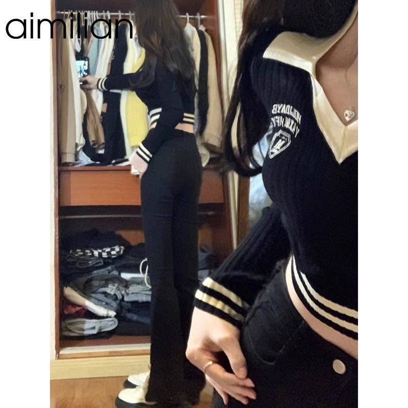 aimilian美式復古polo領針織衫女春秋修身顯瘦甜辣妹露臍短款上衣