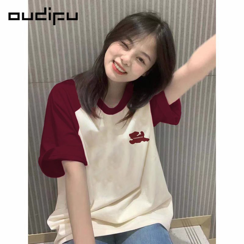 OUDIFU100%純棉插肩短袖t恤女夏季新款拼接奶甜氛圍感小眾上衣ins
