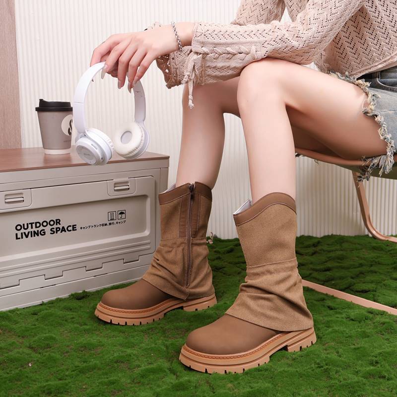 Western cowboy boots thick-soled trouser boots for women 2023 new autumn fashion mid-calf thick heel British style Martin boots