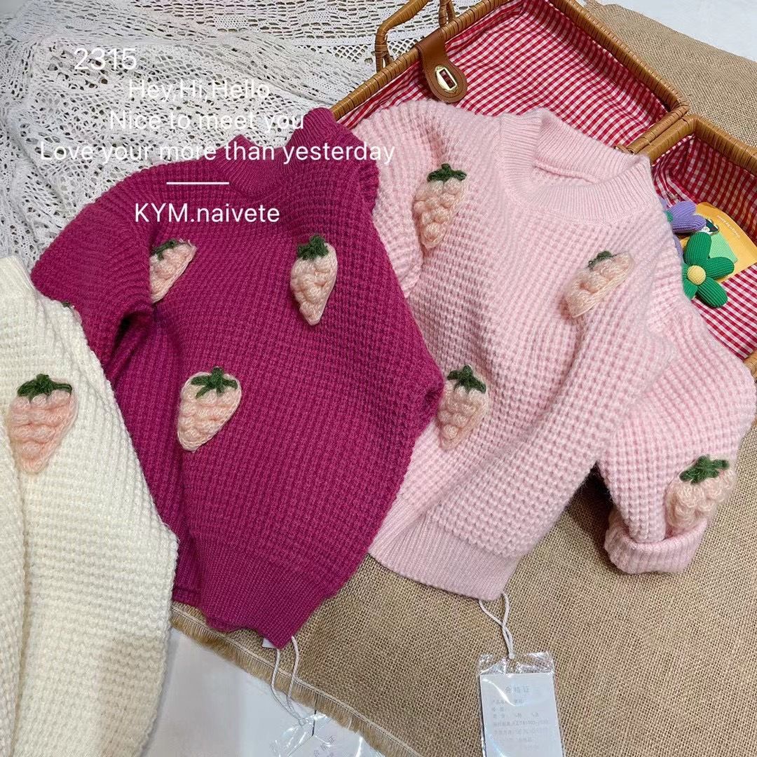 女童秋冬款立体草莓重工宝宝甜美加厚毛衣针织圆领洋气毛衣打底衫