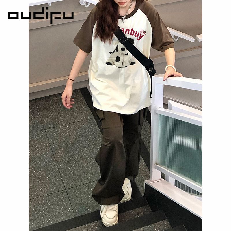 OUDIFU100%純棉插肩短袖百搭顯瘦寬鬆t恤女夏季新款設計感上衣ins