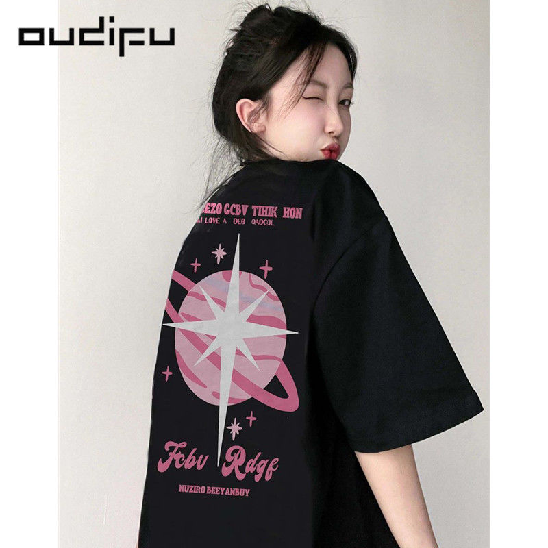 OUDIFU100%純棉寬鬆顯瘦短袖t恤女夏季新款百搭oversize上衣ins潮