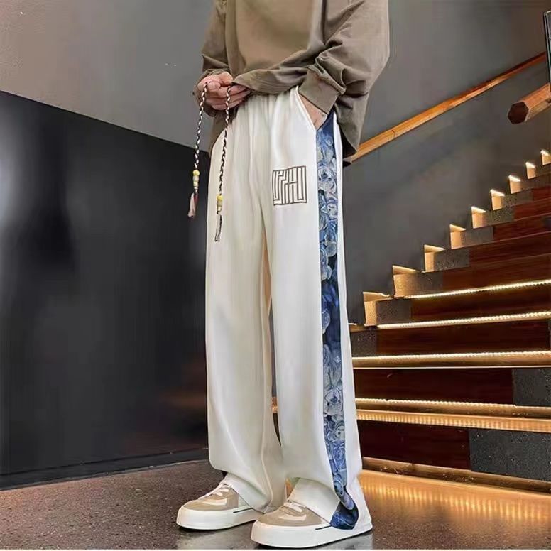 中國風小熊刺繡加絨工裝褲子男潮牌寬鬆直筒國潮小眾設計感休閒褲