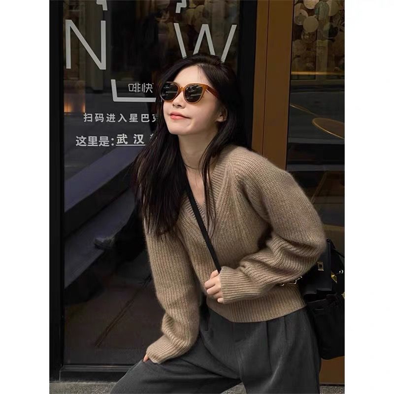 慵懶風V領長袖針織毛衣女秋季韓版2023新款外穿寬鬆學生套頭上衣