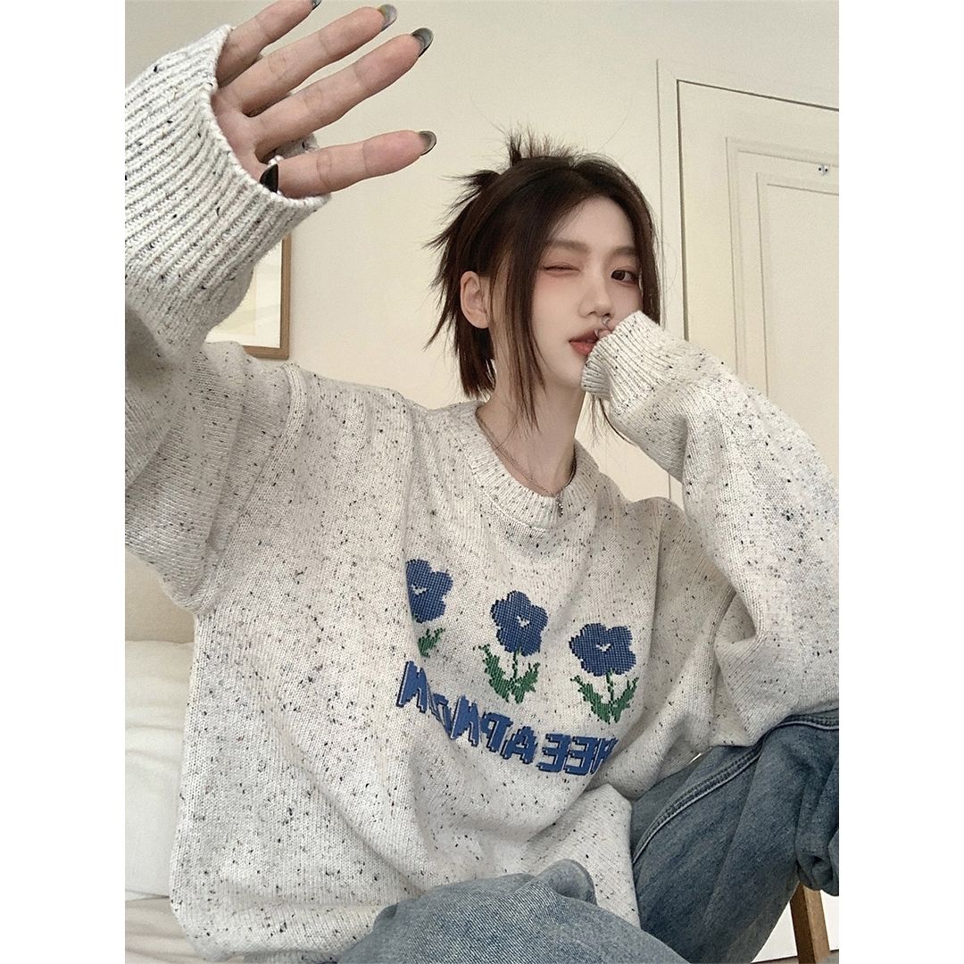 日系復古花朵毛衣女秋冬寬鬆慵懶風軟糯溫柔加厚內搭打底針織衫女