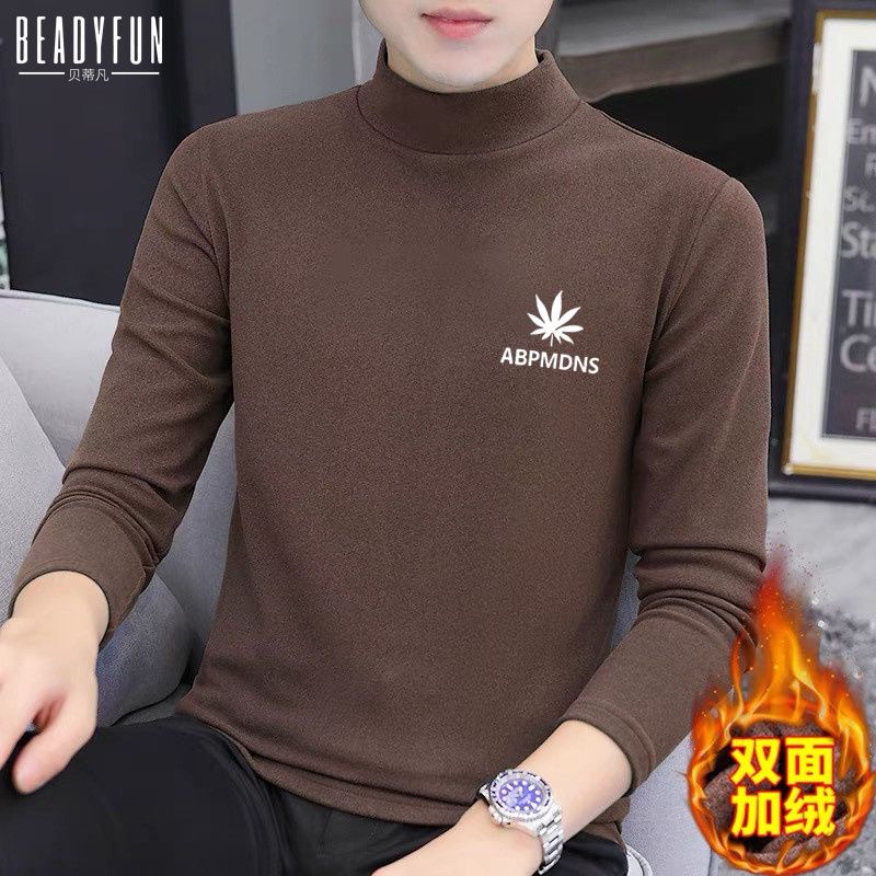 BEADY FUN high-quality half turtleneck pure cotton long-sleeved T-shirt men's solid color autumn clothes simple thin bottoming shirt ins