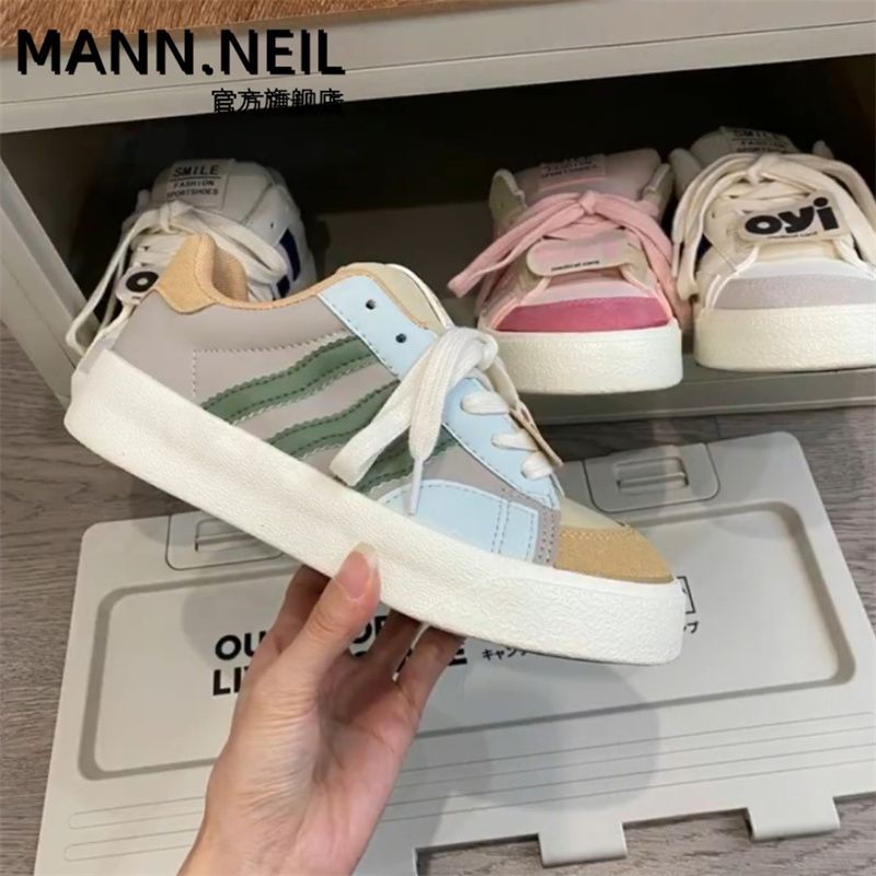 Mann Neil真軟皮多巴胺小白鞋女2023秋新款韓版透氣百搭休閒板鞋