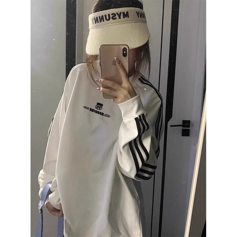 國潮牌三條槓字母套頭衛衣女春秋薄款寬鬆設計感小眾休閒百搭上衣