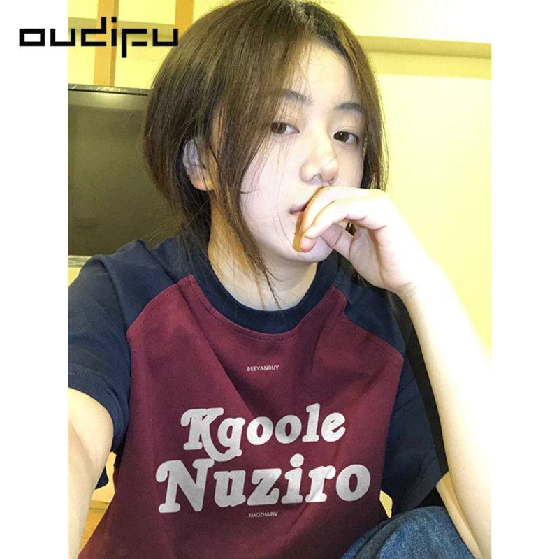 OUDIFU100%純棉美式復古短袖t恤女夏季新款原創設計感小眾上衣ins