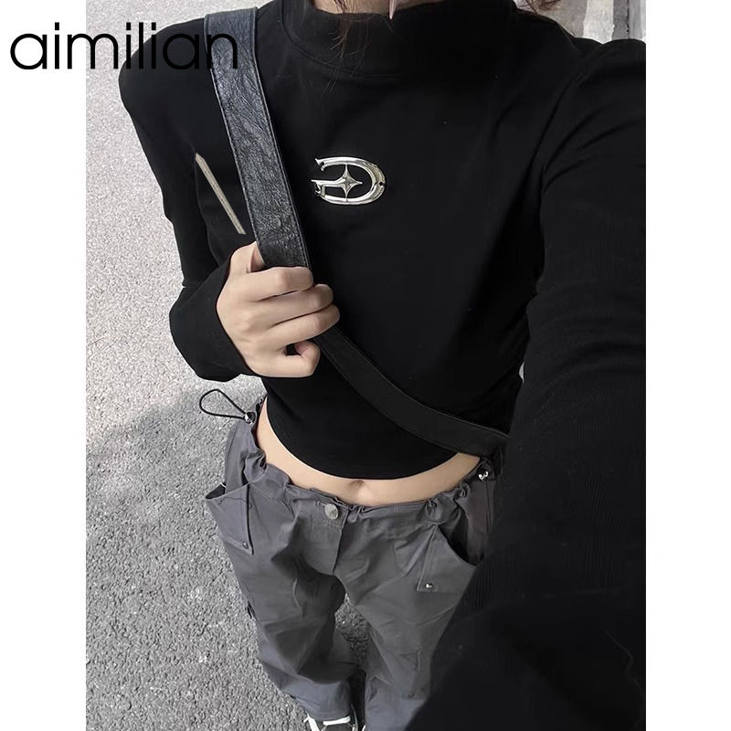 aimilian美式辣妹黑色正肩長袖t恤女春秋設計感小眾露臍短款上衣