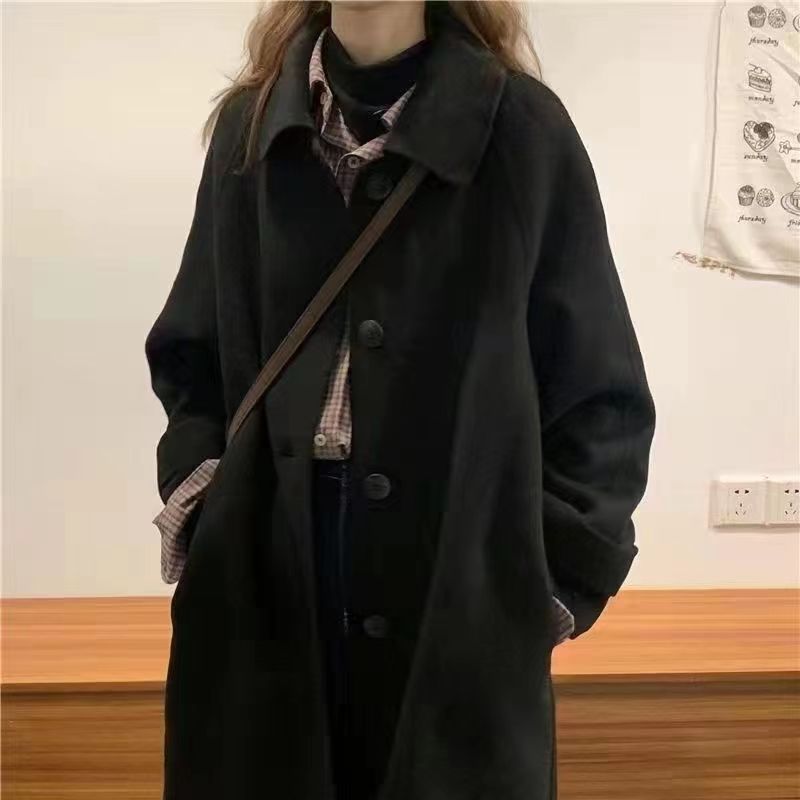 【杭州正品】雙面羊絨呢大衣女寬鬆中長款小個子赫本風黑色外套女