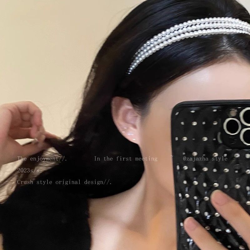 Multi-layered pearl fabric headband for women summer 2023 new high skull pressure hair headband temperament versatile outing headwear