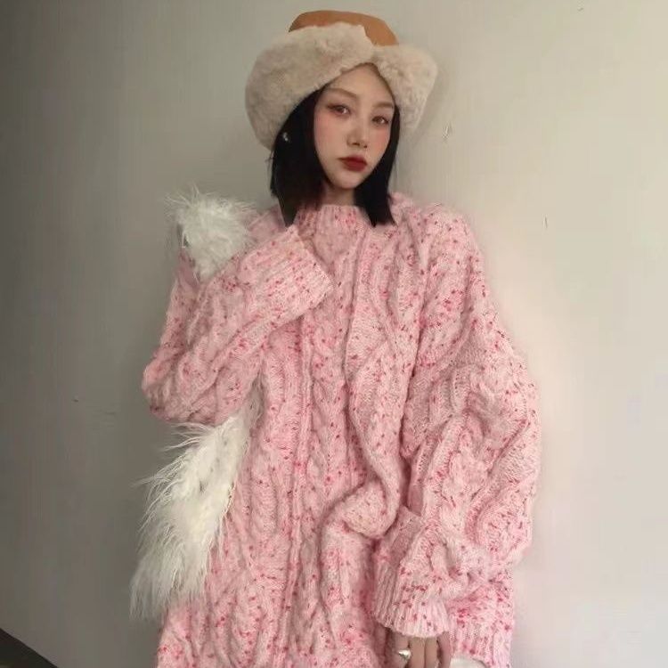 oversize軟糯粉色毛衣女秋冬外穿中長款寬鬆慵懶風高級感針織外套