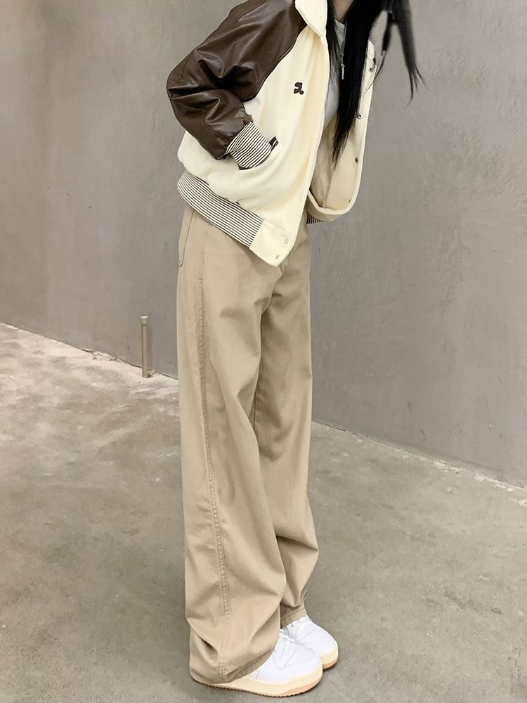 卡其色寬鬆闊腿牛仔褲女秋季2023新款高腰顯瘦百搭直筒拖地長褲子