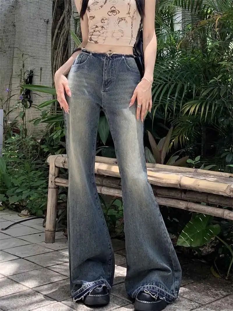 古做舊低腰牛仔褲女秋季毛邊微喇褲長褲寬鬆闊腿褲顯瘦水洗褲子
